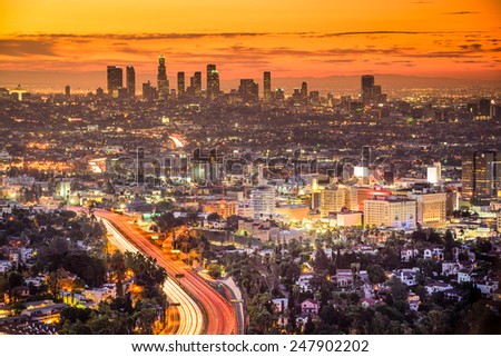 Los Angeles, California, USA downtown skyline at dawn.