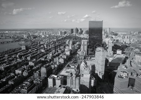 Boston, Massachusetts in the United States. City skyline aerial view. Black and white tone - retro monochrome color style.