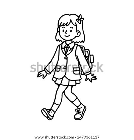 Girl kid with a bag going to school, outline illustration