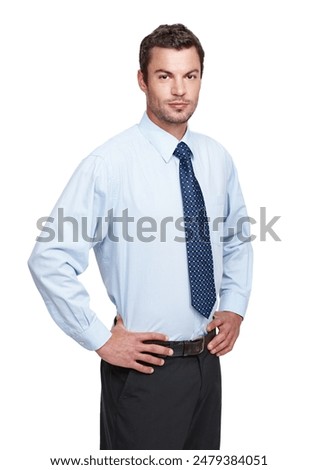 Business, man and studio or confident portrait, office worker and employee on white background for corporate company. Professional, career and hand on hip with accountant, financial advisor or pride