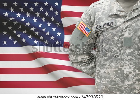 American soldier with flag on background - United States Royalty-Free Stock Photo #247938520