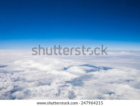 Aerial cloudscape sky in stratosphere shot from airplane window Royalty-Free Stock Photo #247964215