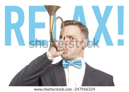 Funny man in blue bow tie blowing into the trumpet with title