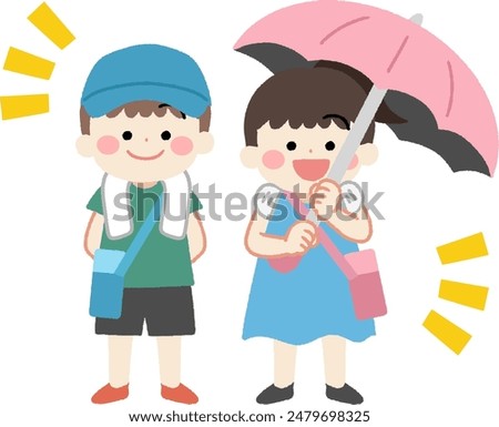 Illustration of kids with hats, parasols, and water bottles