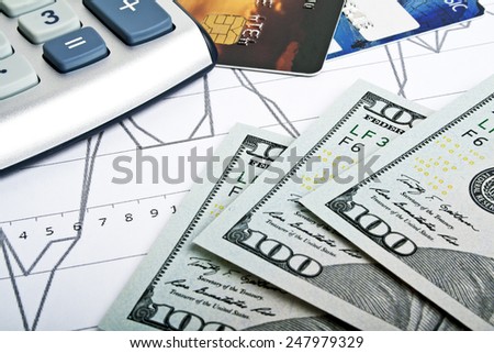 Business concept - credit cards, calculator and money