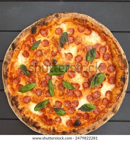 Delicious gourmet pizza of roasted pepperoni with cheese and spices ready to eat