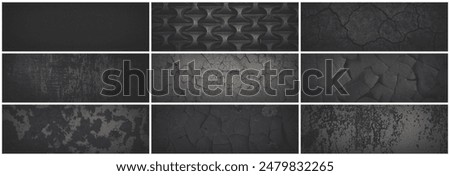 Set of dark panoramic background textures. Collection of wide textures with peeling paint, cracks, scratches, noise and grain. Faded rough surfaces of old walls. Bundle of gray backgrounds for design.