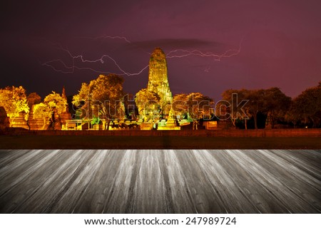 Open wooden terrace with views look Dark Clouds. Thunderstorm with lightning in the night at the Rama temple (Wat Phra Ram) on with lighting,Ayutthaya province,Thailand 