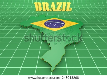 3D map illustration of Brazil with flag and coat of arms