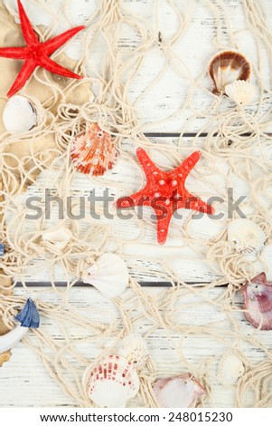 Decor of seashells on wooden table background
