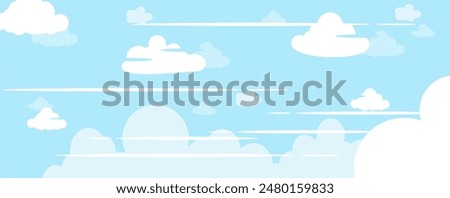 Sky with Clouds illustration in flat style. Sky and clouds background. Cloudy vector cartoon illustration in blue color. Nature abstract wallpaper.