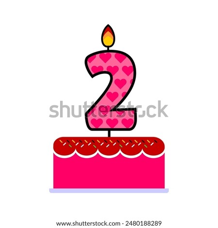 2nd Birthday cake. Pink happy birthday cake with numeral candles. doodle cake cartoon sweet gift. Gift print for kids or toddlers. social media post element