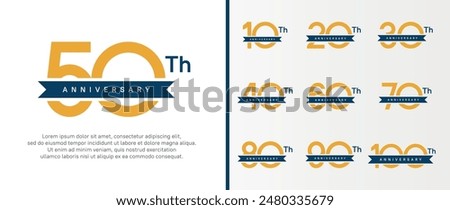 set of anniversary logo orange color number and blue ribbon on white background for celebration