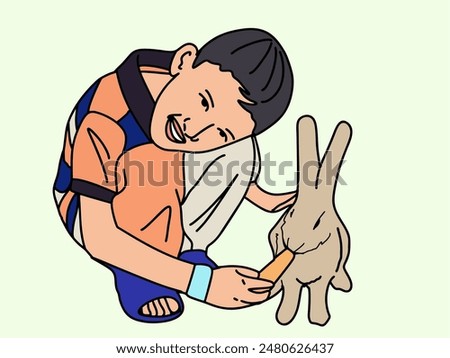ILLUSTRATION OF A SMALL CHILD FEEDING A RABBIT. UNIQUE AND COOL DESIGN SUITABLE FOR YOUR NEEDS. HAND DRAWN ILLUSTRATION. VECTOR FILES