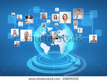 business, people, social network and head hunting concept - pictures of businesspeople over world map and blue background
