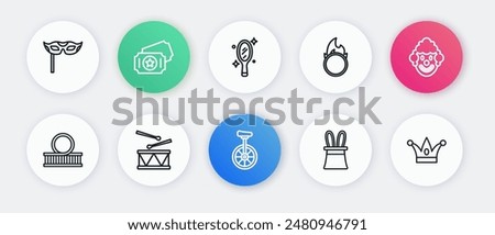 Set line Unicycle, Clown head, Roller coaster, Magician hat and rabbit ears, Circus fire hoop, hand mirror, Jester with bells and Drum drum sticks icon. Vector