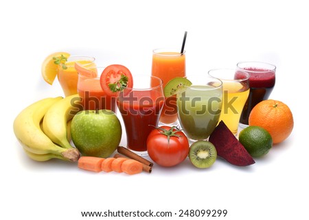 Fresh fruit and vegetable juices on white background