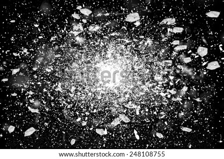 Freeze motion of white powder exploding, isolated on black, dark background. Abstract design of white dust cloud. Particles explosion screen saver, wallpaper. Planet creation concept Royalty-Free Stock Photo #248108755