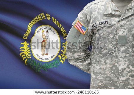 American soldier with US state flag on background - Kentucky
