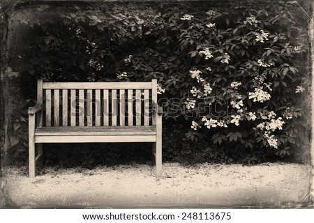 Bench in the park. Remember the good old times. Damaged photography. Retro & Vintage postcards.
