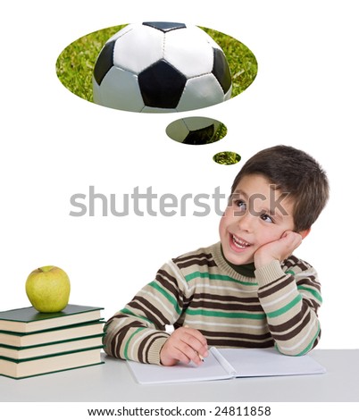 Funny guy in class thinking about playing soccer on a white background