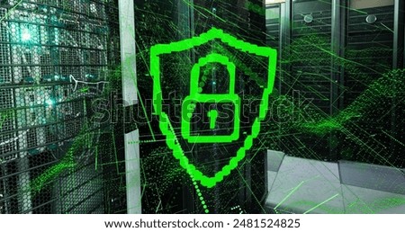 Image of padlock in shield with dynamic wave of dots over data server systems. Digital composite, protection, connection, networking, futuristic, security, data center, network server, technology.