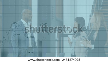Image of statistical data processing over diverse businesspeople discussing together at office. Computer interface and business data technology concept
