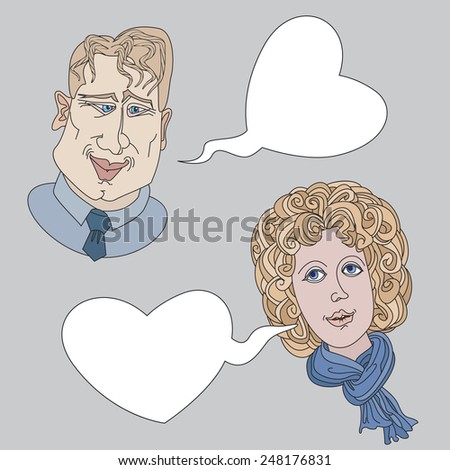Vector sketchy cartoon people with speech bubbles . Blonde man and woman in love