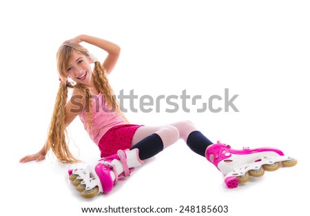 blond pigtails roller skate girl sitting happy on white background