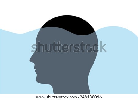 Subconscious mind concept with man face silhouette under water, vector eps file.