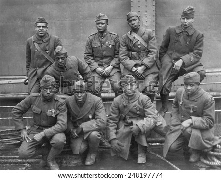 African American WW1 heroes with French medals, Croix de Guerre. 1919. They were awarded for gallantry in Action. Royalty-Free Stock Photo #248197774