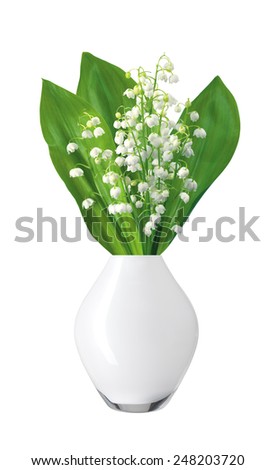 White flowers lilies of the valley in white vase isolated on white background