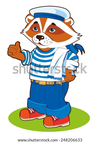 Cartoon Cute raccoon sailor mascot character showing thumbs up. Raccoon vector sailor illustration picture with white background. Сleaning mascot or logo vector.