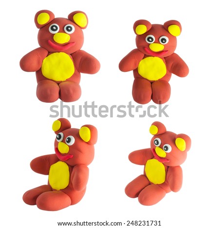 Set of cute brown bear made from plasticine with clipping path on white