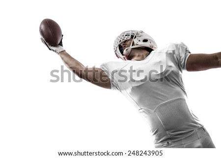 Football Player with a white uniform making a catching on a white background.
