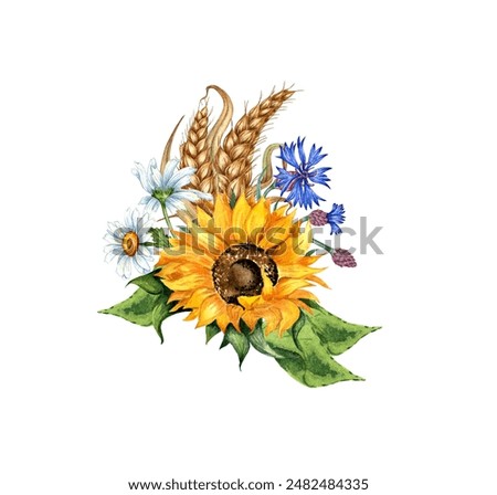 Sunflower, daisies, cornflower, ears of wheat boutonniere watercolor illustration. Harvest Festival. The bouquet is isolated from the background. Compositions posters, cards, banners, flyers, covers