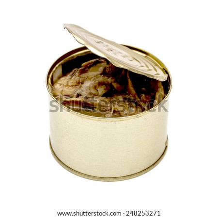 Canned fish in tin can isolated on white