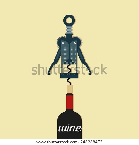 Corkscrew modern  with bottle of wine Vector illustration