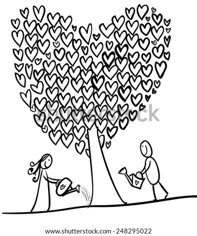 Hand line drawn sticky figures of Valentine couple in love with love tree