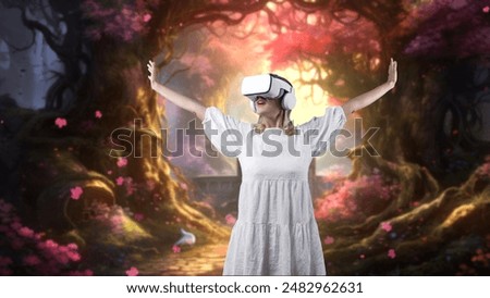 Excited woman looking around by VR surround enchanted wonderful fairytale forest with pink maple leaves falling meta magical world like fairy tale in jungle timer tale at castle backside. Contraption.