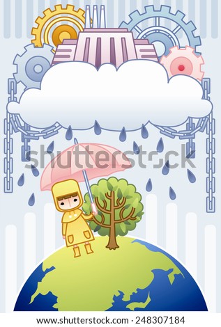 Pollution on blue earth with a cute girl on a background of striped patterns : vector illustration