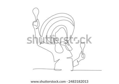 Little woman playing with maraca. Mexican culture concept one-line drawing