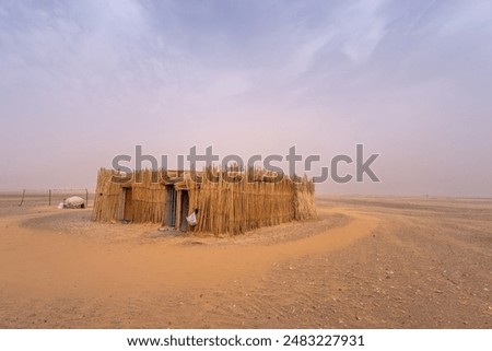 Hastily erected bamboo refuge stands against a hazy backdrop of a fierce sandstorm. Sparse visibility, survival instinct.