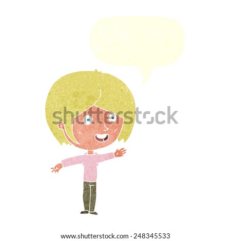 cartoon happy girl waving with speech bubble