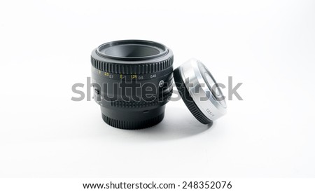 Close up shot of silver metallic color of mini compact interchangeable lens for small compact mirrorless or dslr camera gear versus standard DSLR lens or full frame lens. Isolated on white background.