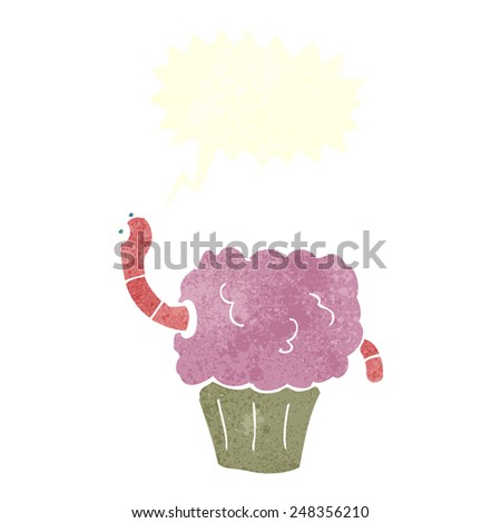 cartoon worm in cupcake with speech bubble