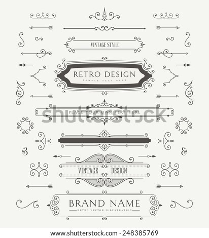 Set of Vintage Decorations Elements. Flourishes Calligraphic Ornaments and Frames. Retro Style Design Collection for Invitations, Banners, Posters, Placards, Badges and Logotypes.