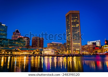 Buildings at the Inner Harbor at night, in Baltimore, Maryland.