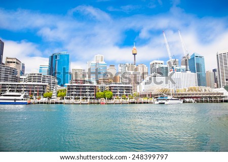 City scape of Darling Harbour in Sydney, Australia.The harbour is a large recreational and pedestrian precinct that is situated on western outskirts of the Sydney. Royalty-Free Stock Photo #248399797