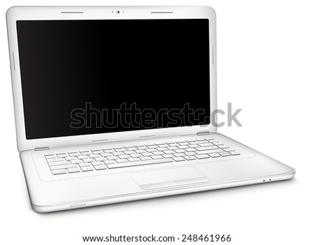 Silver laptop with copy space at black blank screen, isolated on white background. Three-quarter view.